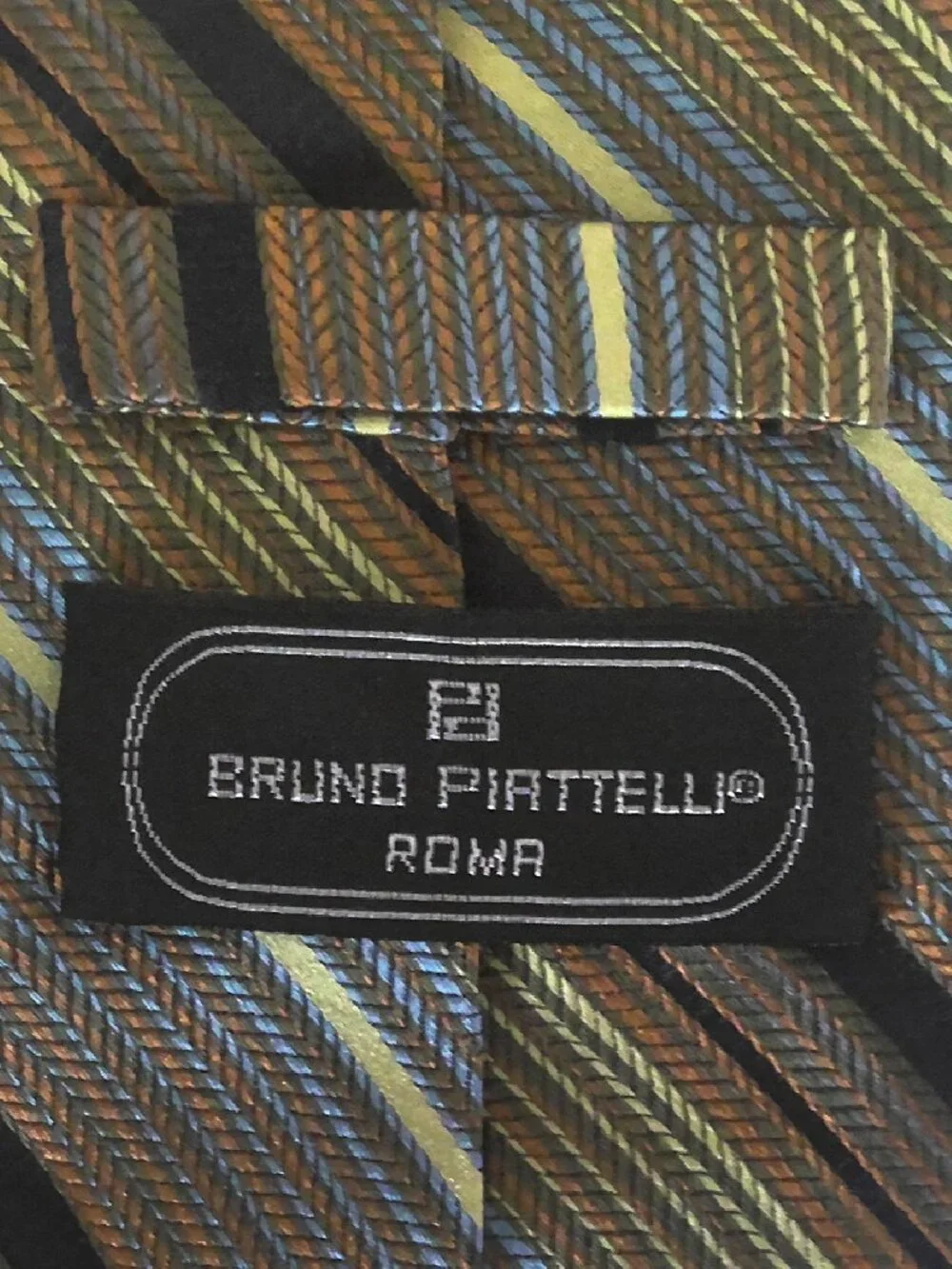 Bruno Piattelli Roma Men's Neck Tie Black Bronze Blue & Light Gold Striped Silk
